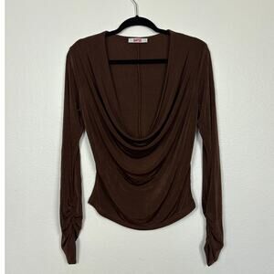 Bayse Draped Brown Iridescent Long Sleeve Blouse Large